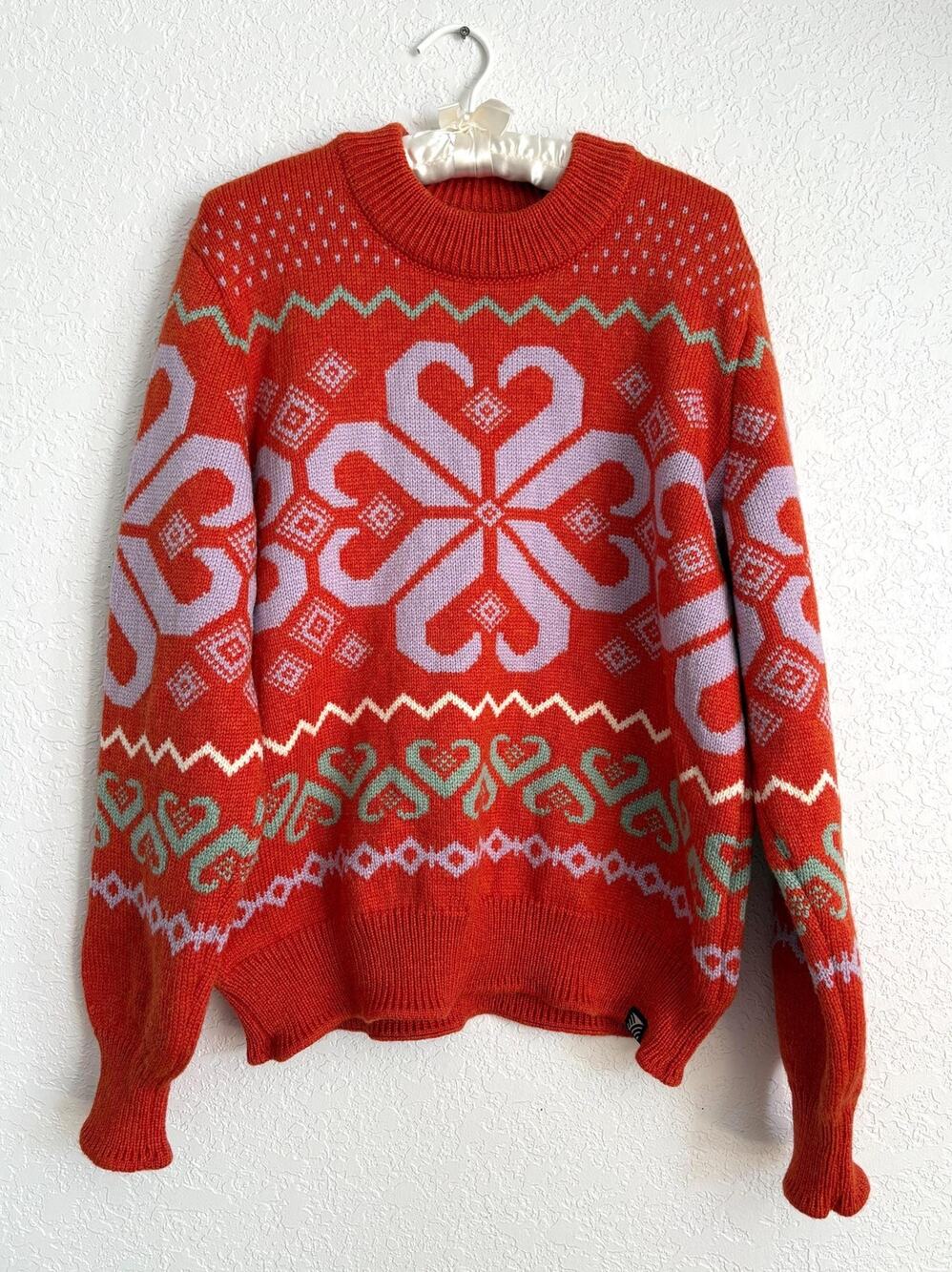 Dale of Norway Falkeberg Vibrant Orange Floral Patterned Wool Sweater L